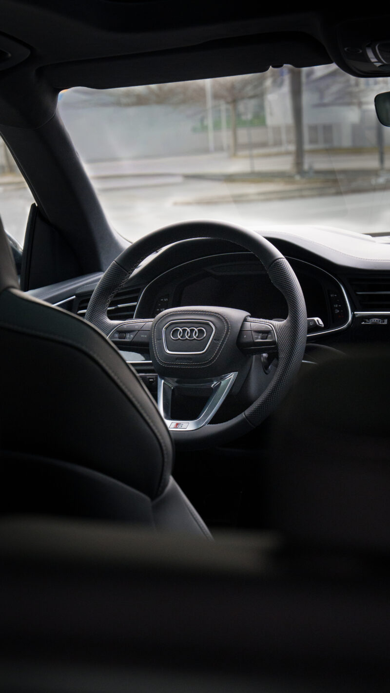 Audi Q8 steering wheel and interior detail captured for automotive photography