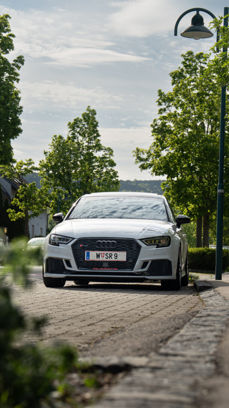 Audi RS3 front view photographed in Vienna with a cinematic automotive style